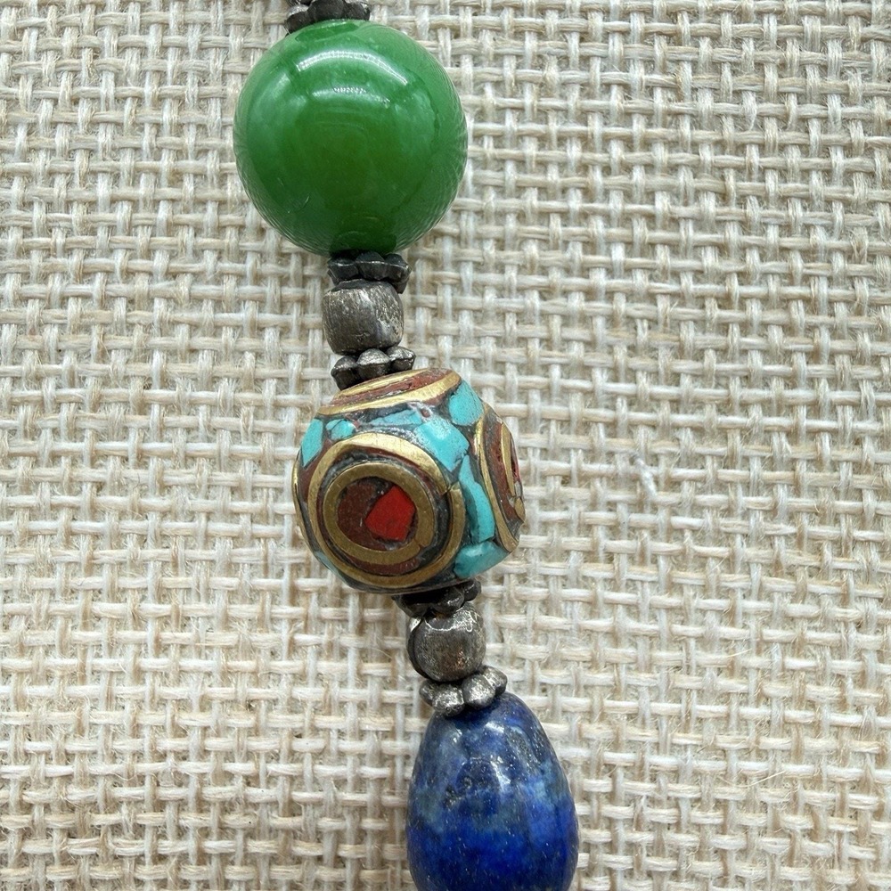 Tibetan Inlay Dome Pendant Necklace Boho Mixed Glass/Semi Precious Beads & Stone - Picture 4 of 16